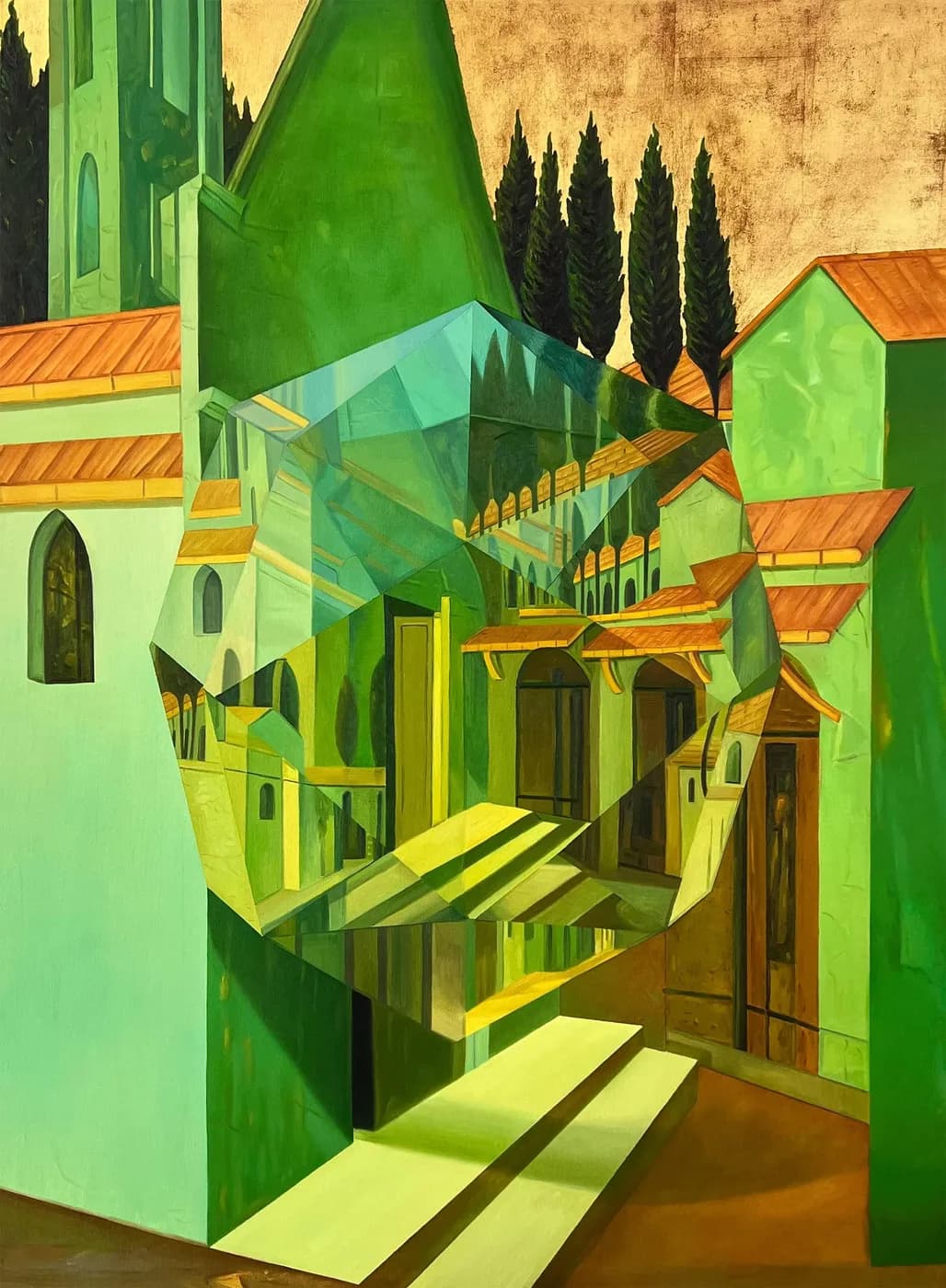 Arquitectura verde de patios y escaleras bajo un cielo dorado.