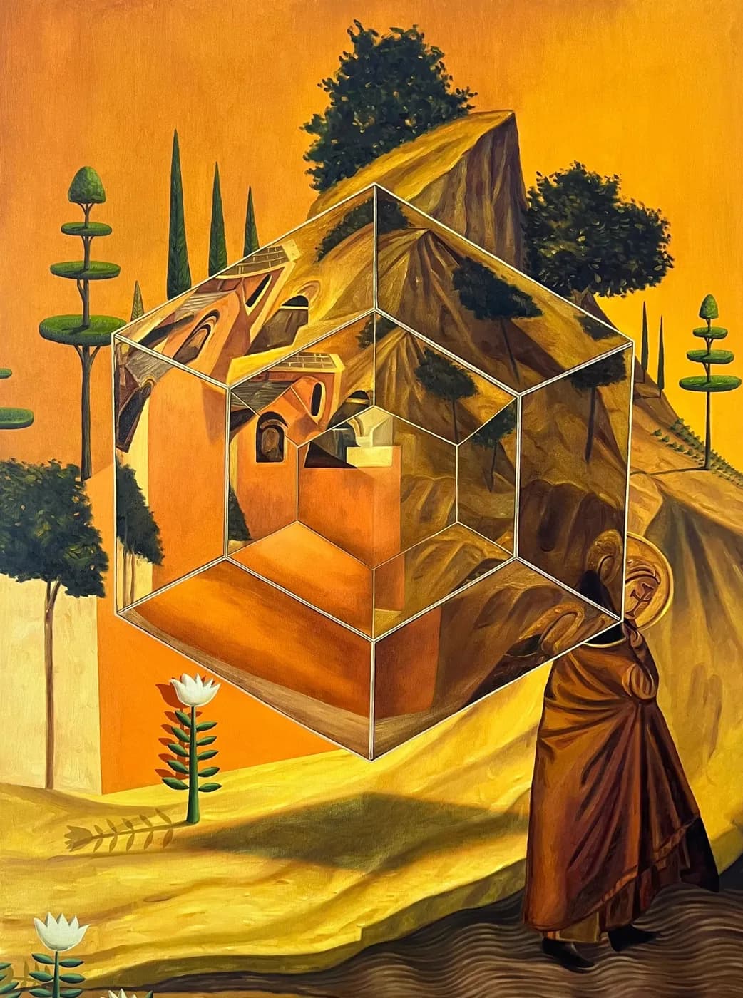 Una estructura geométrica de vidrio sobre arena naranja, con una figura encapuchada a su lado.